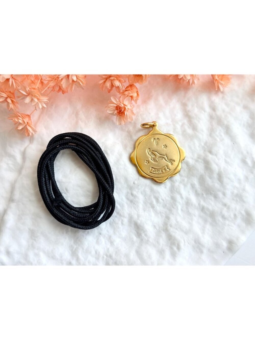 Aries Zodiac Scalloped Gold Toned Vintage Pendant Necklace w/ Black Rope - 26" - Picture 3 of 16